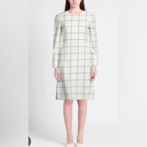 Tory Burch Cream with Black Grid Lines A-Line Long Sleeve Wool Blend Dress